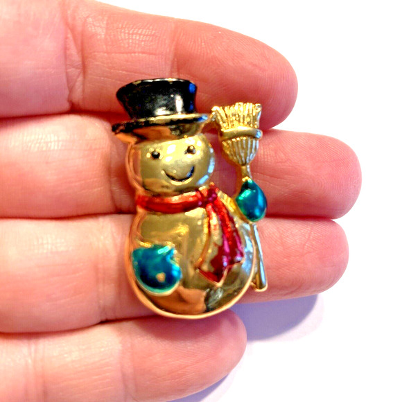 Signed SFJ Christmas Brooch Goldtone Snowman Red Green Festive Fun Holiday Pin - Picture 5 of 6